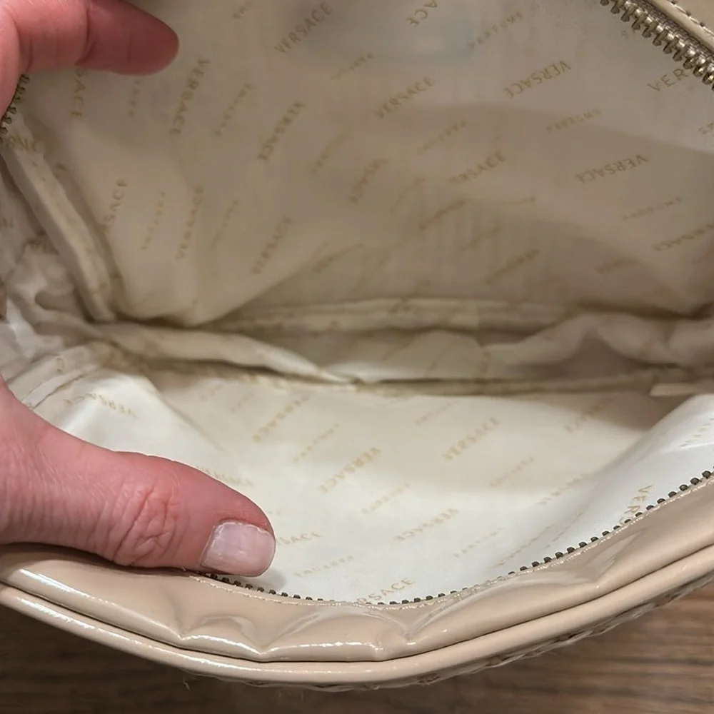 Versace Parfums Cosmetic Bag | Woven Jute Travel Pouch | NWOT Neutral Gold